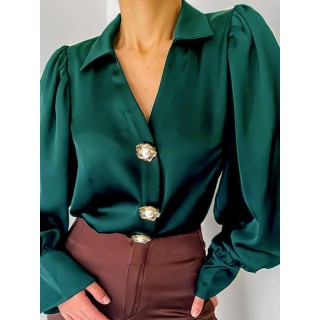 Stylish Lantern Sleeve Buttoned Satin Solid Color Casual Blouses&Shirts Tops