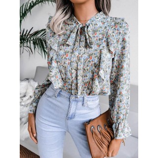 Floral Print Round-Neck Falbala Casual Blouses&Shirts Tops