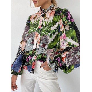 Fashion Retro Floral Print Bow-Knot Lantern Sleeve Blouses&Shirts Tops