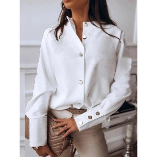 Urban Solid Color Buttoned Long Sleeves Round-Neck Blouses&Shirts Tops