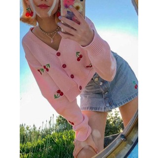 Cherry Embroidered Long Sleeves Sweater Tops
