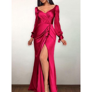 Falbala Split-Side Pleated Long Sleeves V-Neck Evening Maxi Dress