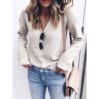 Casual Solid V-Neck Sweater Tops