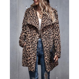 Leopard Print Lapel Long Sleeve Warm Coat