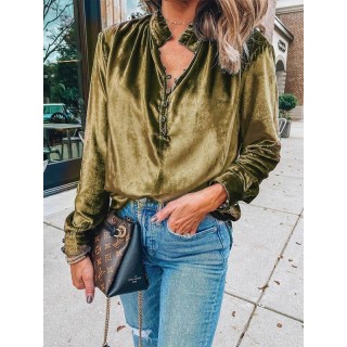 Casual Velvet Solid Color Lapel Collar Long Sleeves Shirts Tops