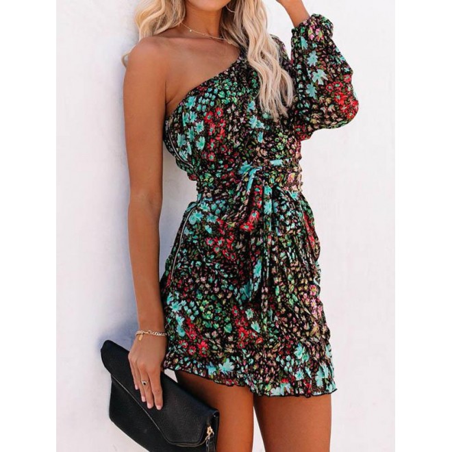 Abstract Printed One-Shoulder Mini Dress