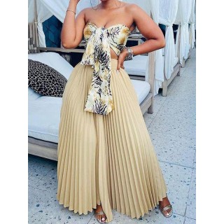 Printed Strapless Pleated Skirt Suits