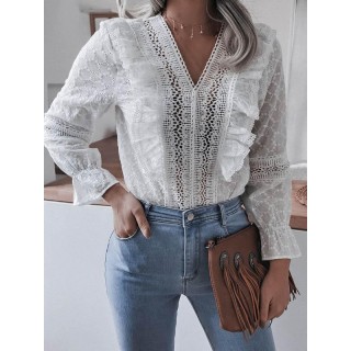Solid Color V-Neck Lace Falbala Casual Blouses&Shirts Tops