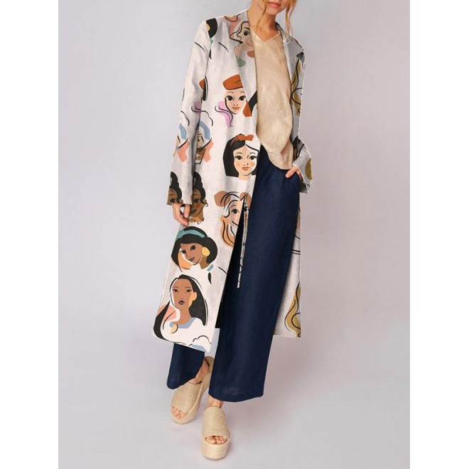 Abstract Print Striped Lapel Collar Loose Long Sleeve Buttoned Casual Long Woolen Coat