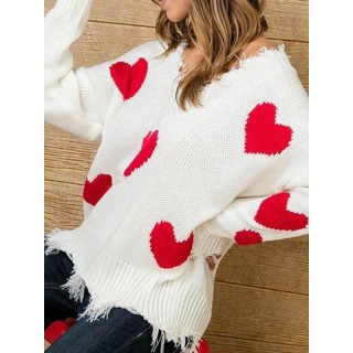 Heart Printed Tasseled White Long Sleeves Sweater Tops