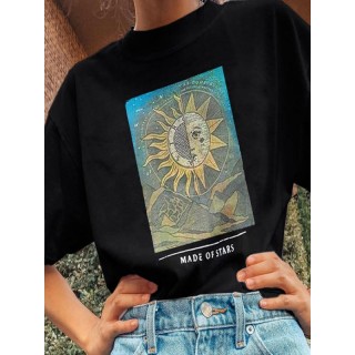Black Sun Printed Short Sleeves T-Shirts Tops