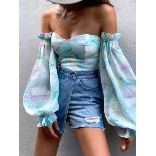 Stylish Tie-Dyed Bandeau Off-The-Shoulder Long Sleeves Shirts Tops