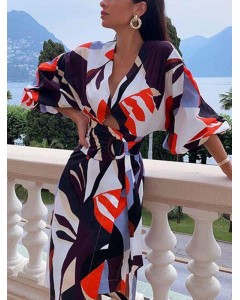 Abstract Printed Batwing Sleeves Maxi Dresses