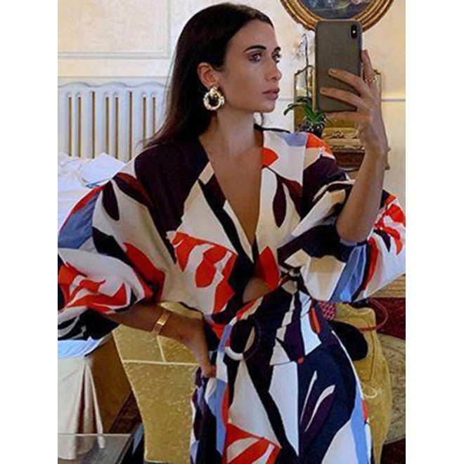 Abstract Printed Batwing Sleeves Maxi Dresses