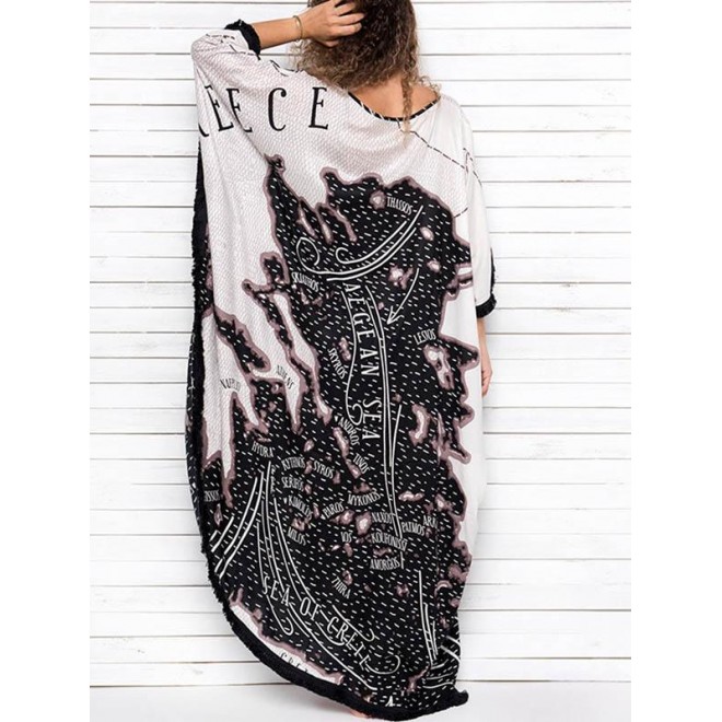 Abstract Printed Batwing Sleeves Maxi Dress