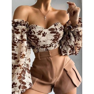 Fashion Leaf Printed Bandeau Off-The-Shoulder Puff Sleeves Shirts Tops