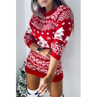 Casual Geometric Christmas Tree Printed  Contrast O Neck Dresses Sweater
