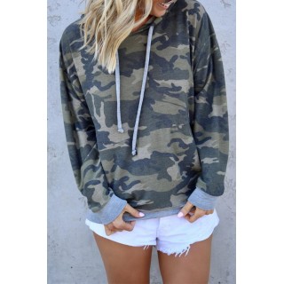 Casual Camouflage Print Split Joint Hooded Collar Tops
