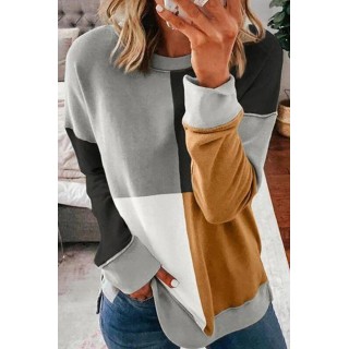 Casual Color Lump Patchwork Contrast O Neck Tops(5 Colors)